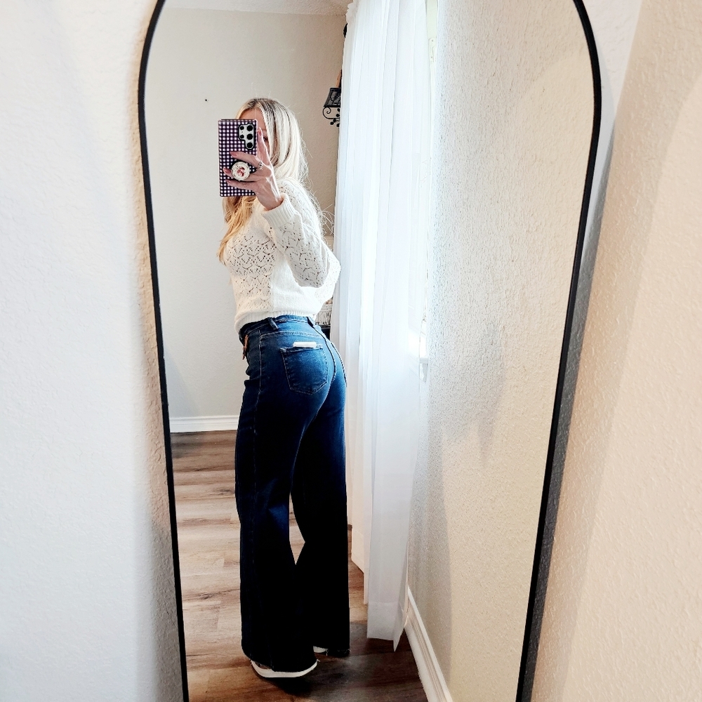 RISEN HR Dark Wide Flare Jeans Front Seam Leather Flap Patch Pocket Various NEW - Picture 11 of 13